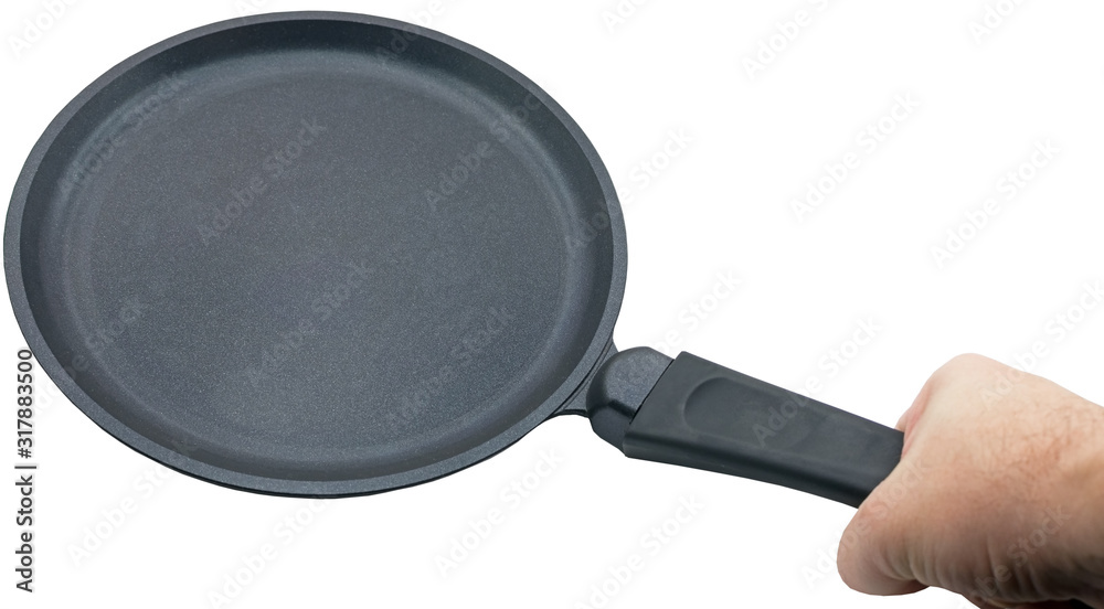 hand holding Frying pan isolated on white