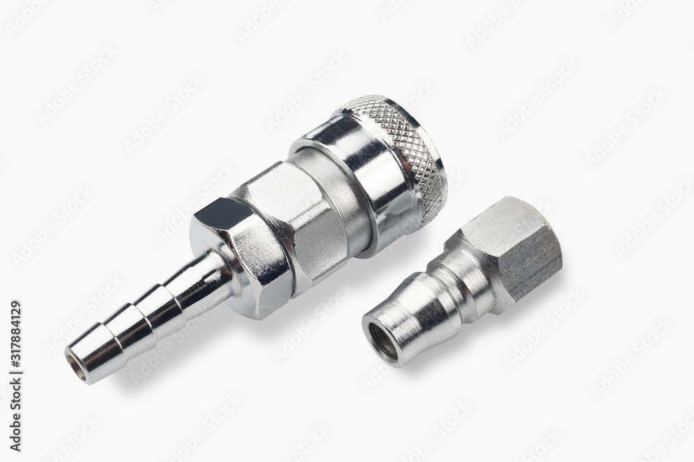 Socket Coupler For Hose Mounting ,Coupler Plug for Female Screw Install .Air coupling connector, Pneumatic fitting quick release coupling connector hose for hydraulic system on white background Socket Coupler For Hose Mounting ,Coupler Plug for Female Screw Install .Air coupling connector, Pneumatic fitting quick release coupling connector hose for hydraulic system on white background