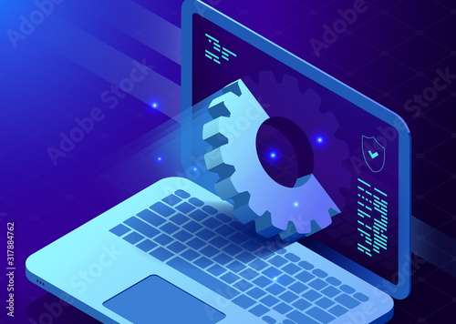 Software application development concept, laptop with big gear, stick out of the screen, programming. Laptop setting and function, flat isometric vector illustration
