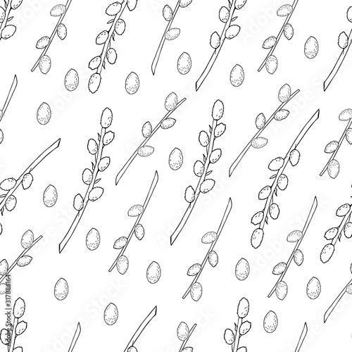 pussy willow seamless pattern on white background in black and white. pussy willow background for packing. Hand drawn illustration of pussy willow. Black and white line art illustration