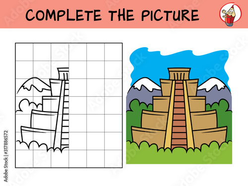Complete the picture of a mayan pyramid. Copy the picture. Coloring book. Educational game for children. Cartoon vector illustration