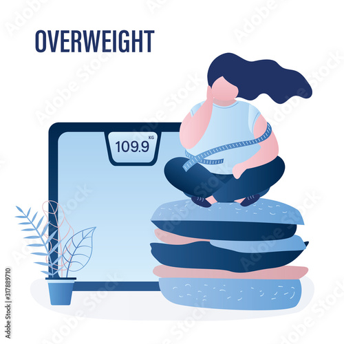 Scales and overweight woman sitting on big hamburger. Obesity health problem concept.