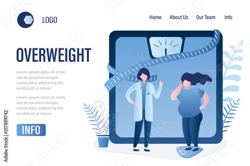 Overweight landing page template. Female doctor and fat woman on scales, measuring tape.