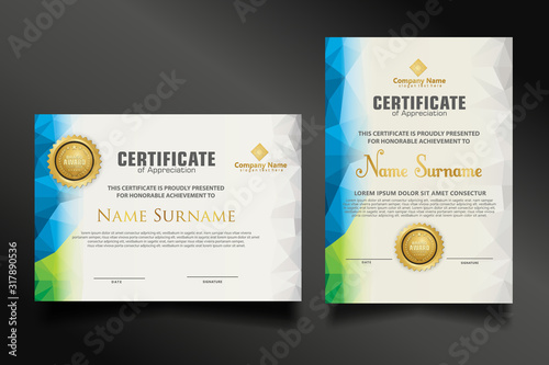 Set certificate template with dynamic and futuristic polygonal color and modern background.