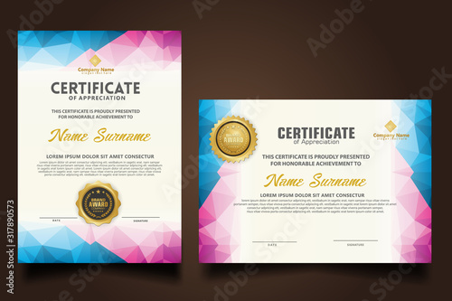 Set certificate template with dynamic and futuristic polygonal color and modern background.