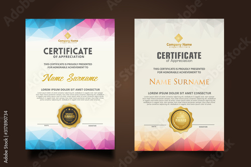 Set certificate template with dynamic and futuristic polygonal color and modern background.