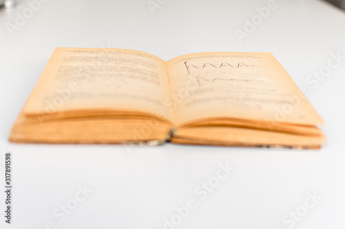 Close up shot of an open old science book containing equations and graphs from different fields: math, physics, chemistry. The pages have the marks of the past as they got orange.