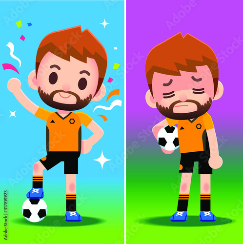 Vector football player, soccer player, characters in different emotion, winning and losing