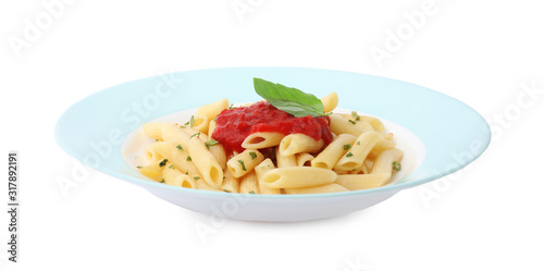 Tasty pasta with tomato sauce and basil isolated on white