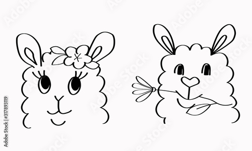 Couple of cute llamas boy and girl with flowers. Hand drawn pair of lovers. Cartoon sketch style. Concept of dating love relationships. Stock outline vector illustration isolated on white background.
