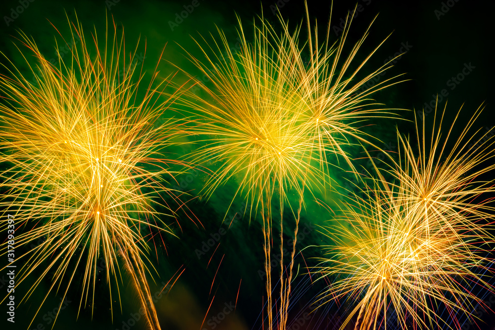 Green fireworks display for celebration on dark night background.