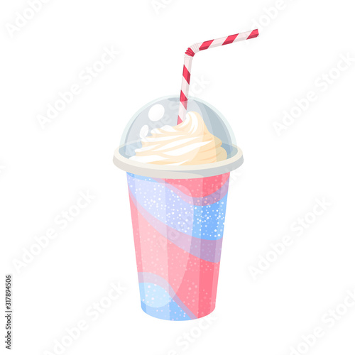 Colorful fruit milkshake design. Plastic cup with lid and straw, full of fruit milk shake. Vector illustration cartoon flat icon isolated on white.
