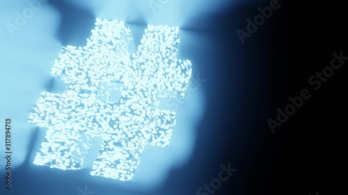 Hashtag sign and symbol glow futuristic particle 3D rendering cube polygon pattern, Social network Internet connection technology concept design on black background animation 4K with copy space