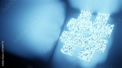 Hashtag sign and symbol glow futuristic particle 3D rendering cube polygon pattern, Social network Internet connection technology concept design on black background animation 4K with copy space