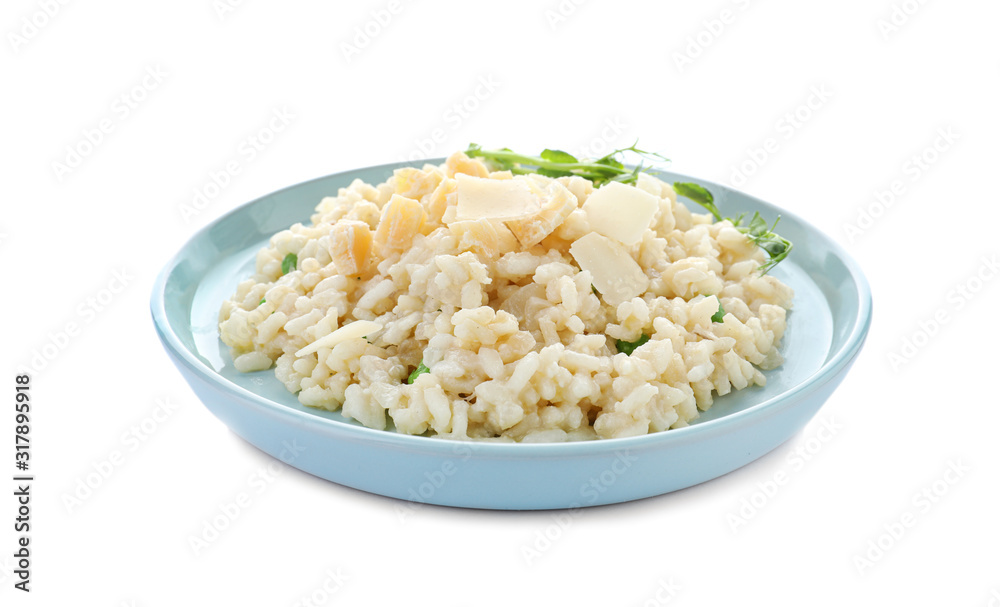 Delicious risotto with cheese isolated on white Delicious risotto with cheese isolated on white