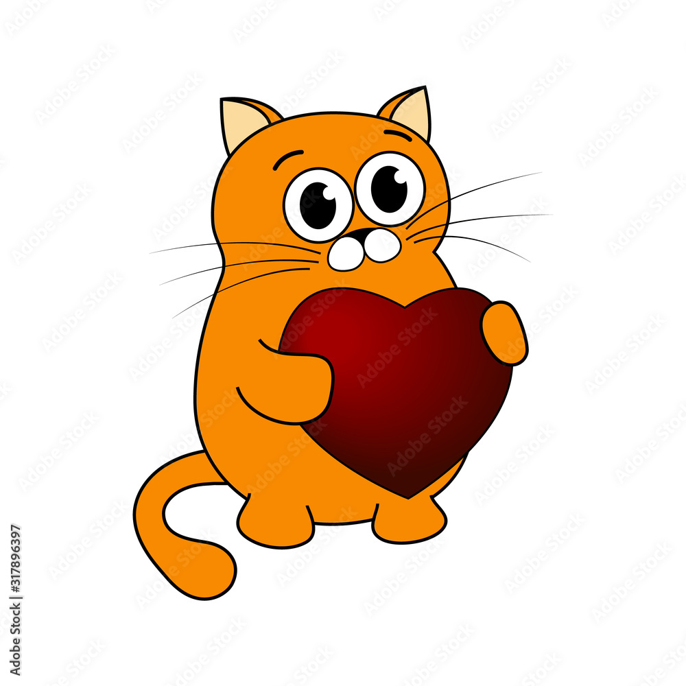 A cute red cat with big eyes holds a big red heart in its paws. romantic character for valentines day. Vector illustration in cartoon flat style on a white background. A cute red cat with big eyes holds a big red heart in its paws. romantic character for valentines day. Vector illustration in cartoon flat style on a white background.