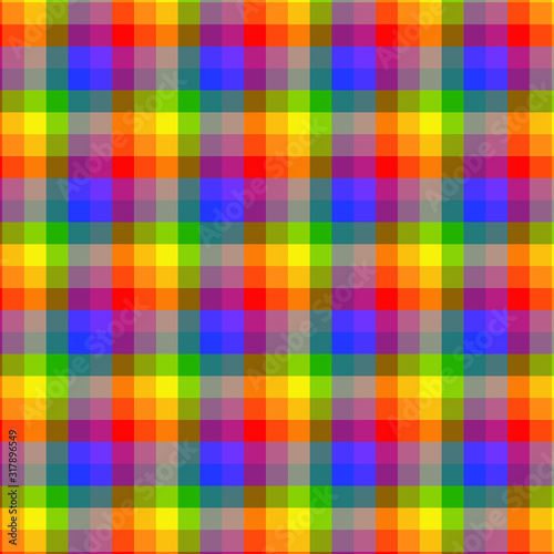 LGBT rainbow colored flag, plaid background, pride symbol, seamless tartan pattern, colorful stripes
