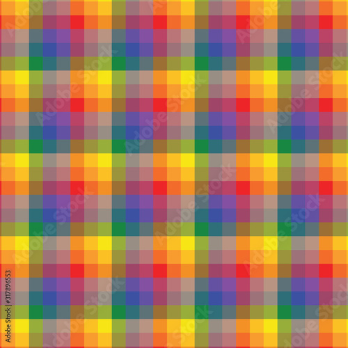 LGBT rainbow colored flag, plaid background, pride symbol, seamless tartan pattern, colorful stripes