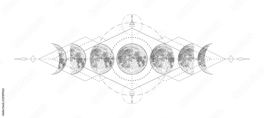 Magic moon with sacred geometry tattoo design. Monochrome hand drawn vector illustration, isolated on white background