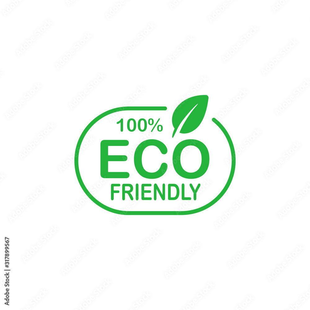 Eco friendly 100 percent green badge with tree leaf. Design element for packaging design and promotional material. Vector illustration. Eco friendly 100 percent green badge with tree leaf. Design element for packaging design and promotional material. Vector illustration.