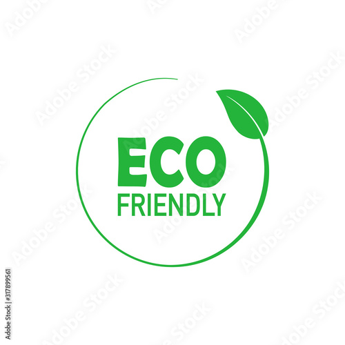 Eco friendly green circle badge with tree leaf. Design element for packaging design and promotional material. Vector illustration.