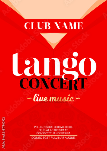 Vertical tango concert template with bright red background, color graphic elements and text. 