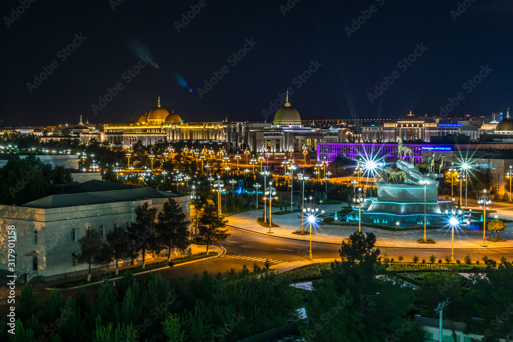 Night view of the presidential palace (Oguzhan) in Ashgabat Turkmenistan
