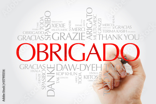 Fototapeta Naklejka Na Ścianę i Meble -  Obrigado (Thank You in Portuguese) Word Cloud in many languages with marker