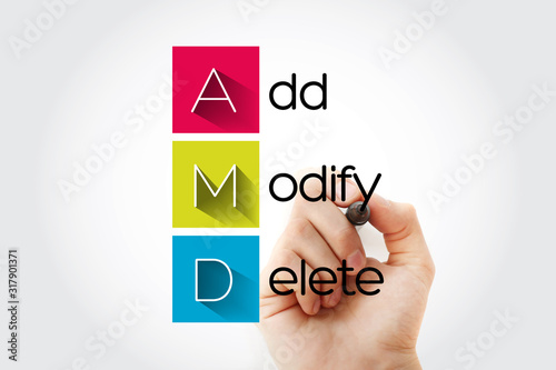 AMD - Add, Modify, Delete acronym with marker, concept background photo