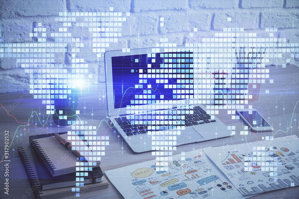 Multi exposure of business theme icons and work space with computer background. Concept of success. Multi exposure of business theme icons and work space with computer background. Concept of success.