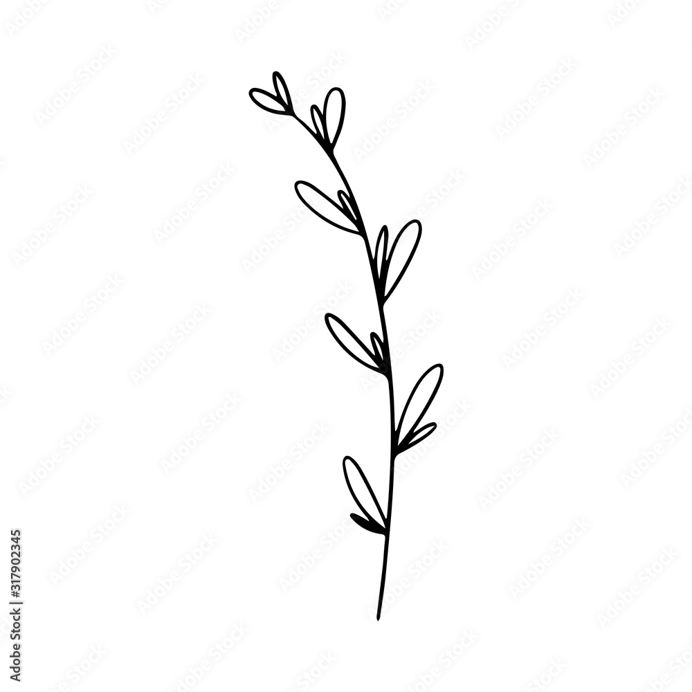 Digital illustration of a cute black outline doodle spring theme frame twig with leaves in scandinavian style. Print for clothes, poster, banner, postcard, web design, coloring.