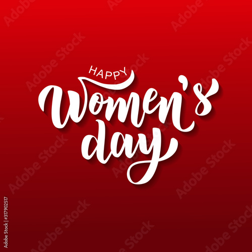Happy Woman’s Day hand lettering text on red background with shadow. Vector illustration. 8 March greeting calligraphy design. Template for a poster, cards, banner.