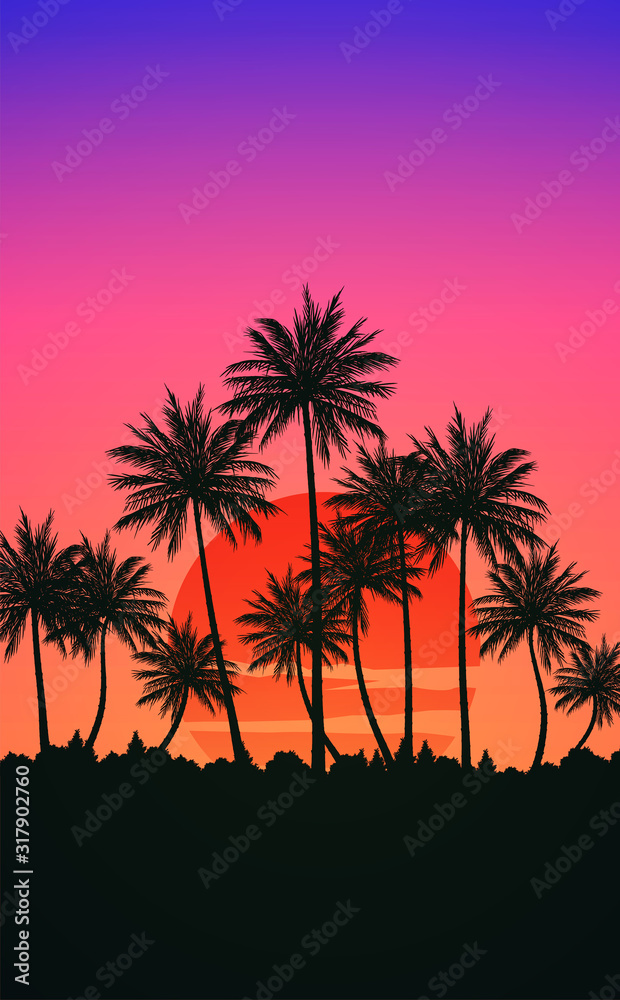 Natural Coconut trees mountains horizon hills silhouettes of trees and hills in the evening Sunrise and sunset Landscape wallpaper Illustration vector style Colorful view background