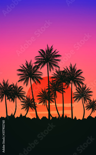 Natural Coconut trees mountains horizon hills silhouettes of trees and hills in the evening Sunrise and sunset Landscape wallpaper Illustration vector style Colorful view background © Chakkree