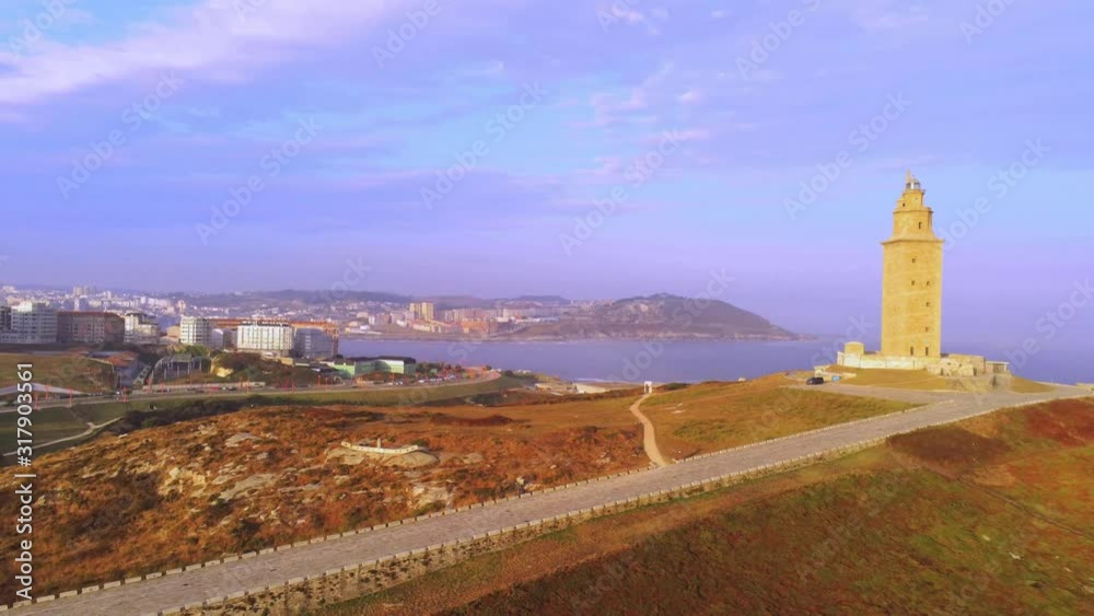 Lighthouse Tower of Hercules in La Coruna, Spain. Drone footage. UNESCO World Heritage Site Lighthouse Tower of Hercules in La Coruna, Spain. Drone footage. UNESCO World Heritage Site