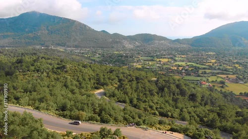 Aerial view flying over road with car moving, that through lane green forest. Car driving along the forest road. Drone shot from above