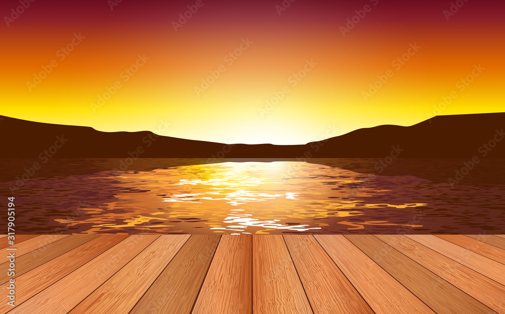 wooden floor at the river in the morning	