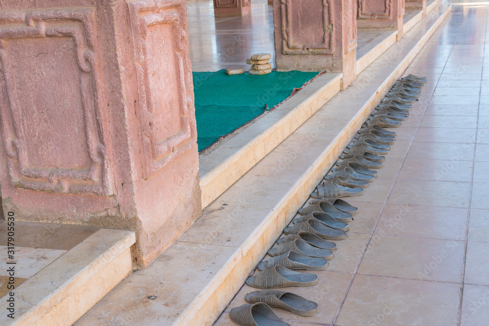 Shoes outside the door of a mosque in Sharm El Sheikh. Islamic faith concept