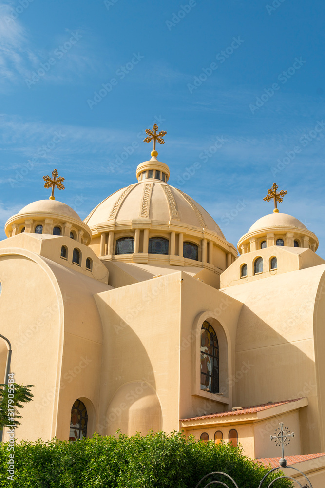 Coptic Orthodox Church in Sharm El Sheikh, Egypt. All Saints Church. Concept of the righteous faith. The concept of Orthodoxy. vertical photo