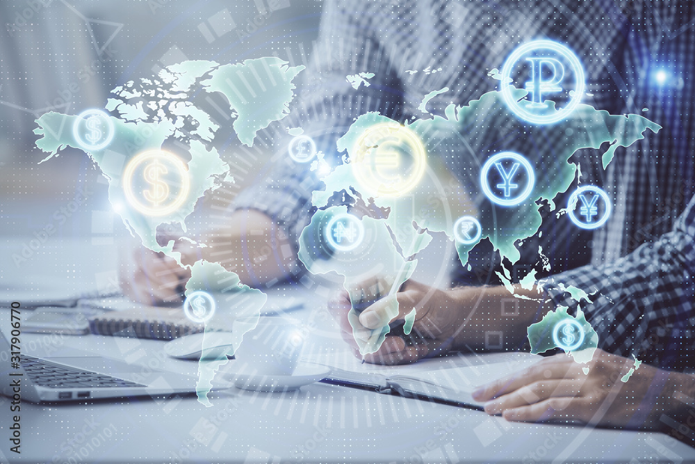 Multi exposure of forex chart with man working on computer on background. Concept of market analysis. Multi exposure of forex chart with man working on computer on background. Concept of market analysis.