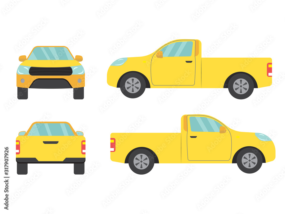 Set of yellow pickup truck single cab car view on white background,illustration vector,Side, front, back