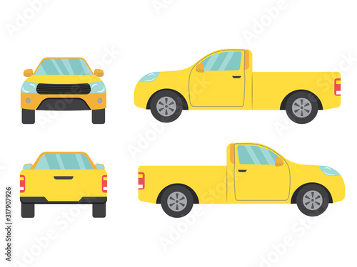 Set of yellow pickup truck single cab car view on white background,illustration vector,Side, front, back