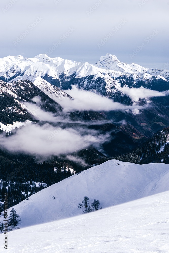 Fototapeta premium The snowy mountains, the forest and the nature of the Alps during a winter day near the town of Ardesio, Italy - December 2019.