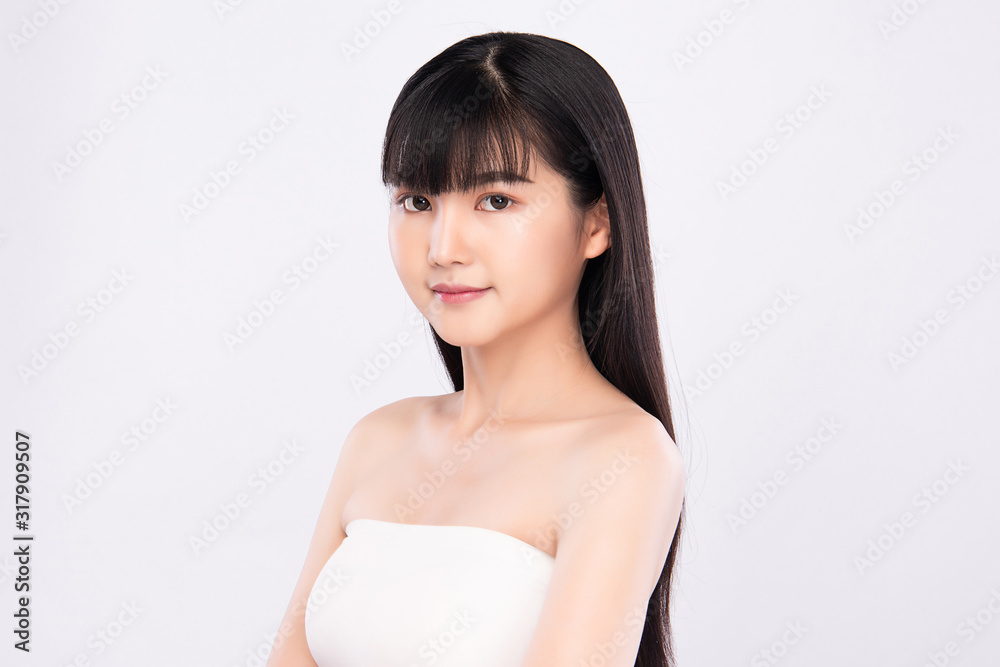 Portrait beautiful young asian woman clean fresh bare skin concept. Asian girl beauty face skincare and health wellness, Facial treatment, Perfect skin, Natural make up, on white background,two Portrait beautiful young asian woman clean fresh bare skin concept. Asian girl beauty face skincare and health wellness, Facial treatment, Perfect skin, Natural make up, on white background,two