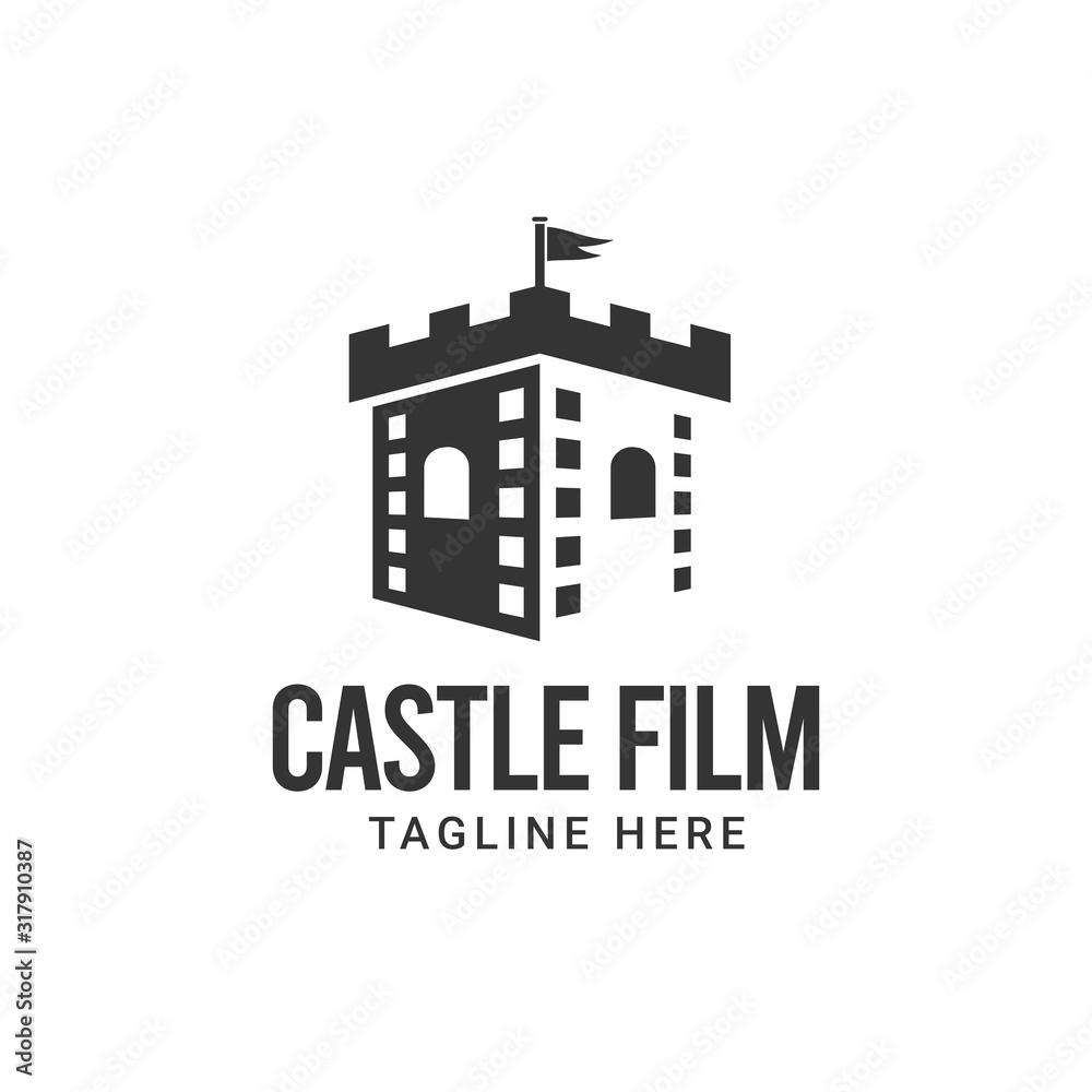 Castle film maker logo design. Film strip with castle vector illustration for movie studio production graphic template.