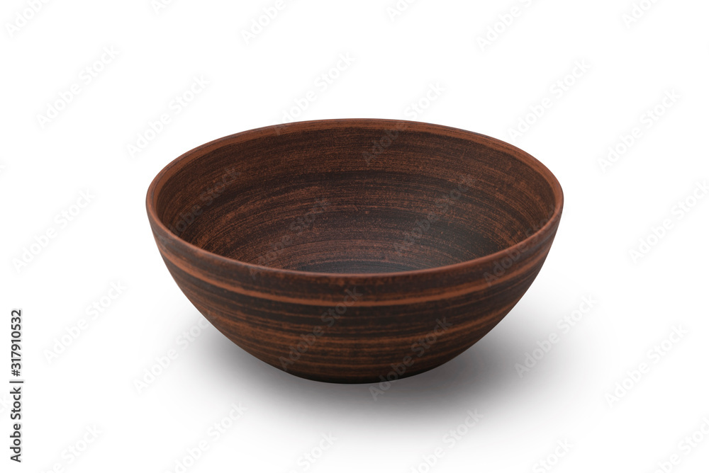 Empty brown bowl isolated on white background. View from side Empty brown bowl isolated on white background. View from side