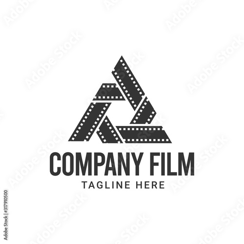 Triangle Element film maker logo design. Film strip with triangle element vector illustration for movie studio production graphic template.