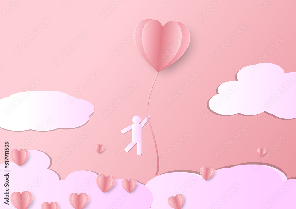 Valentine heart flying balloon with man on pink background. Vector love postcard for Happy Mother's, Valentine's Day or birthday greeting card design.