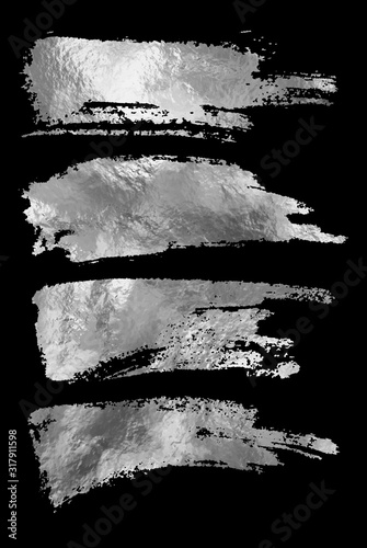 Vector silver paint smear stroke stain set.