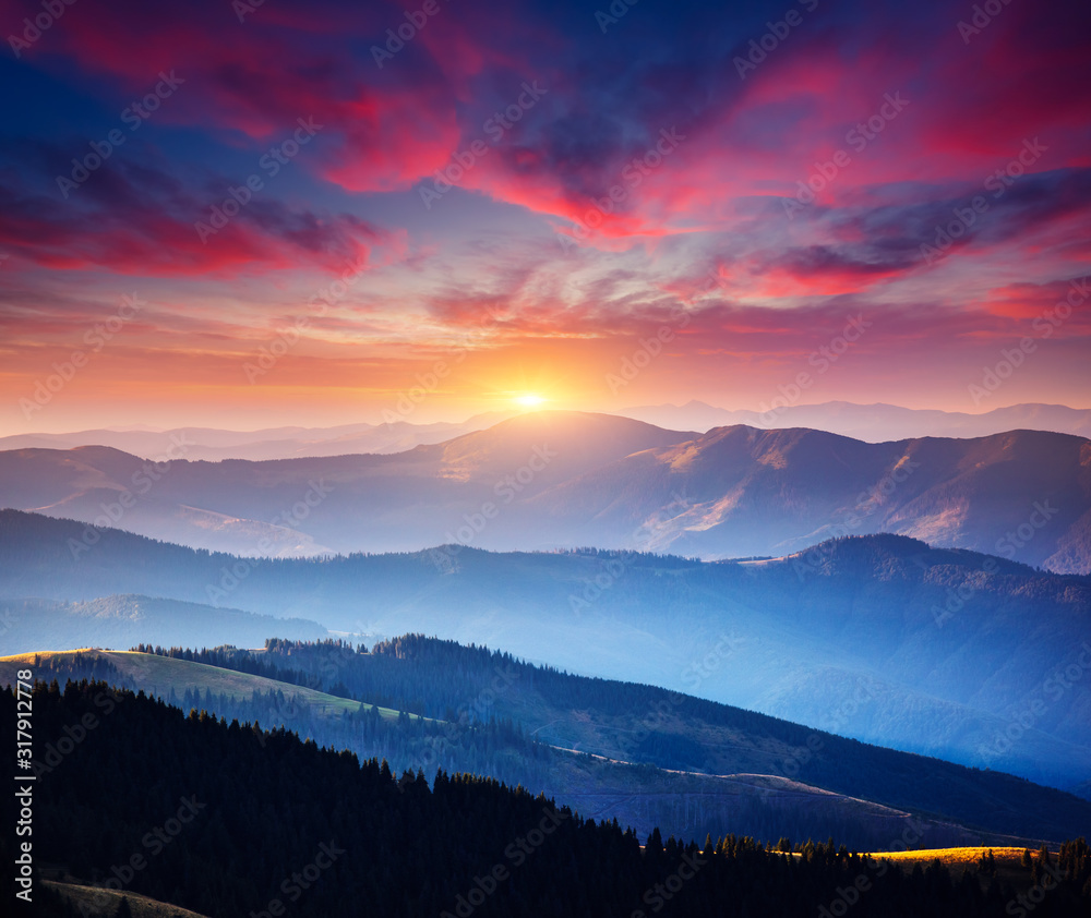 Incredible landscape in the mountains at sunset. - obrazy, fototapety, plakaty 
